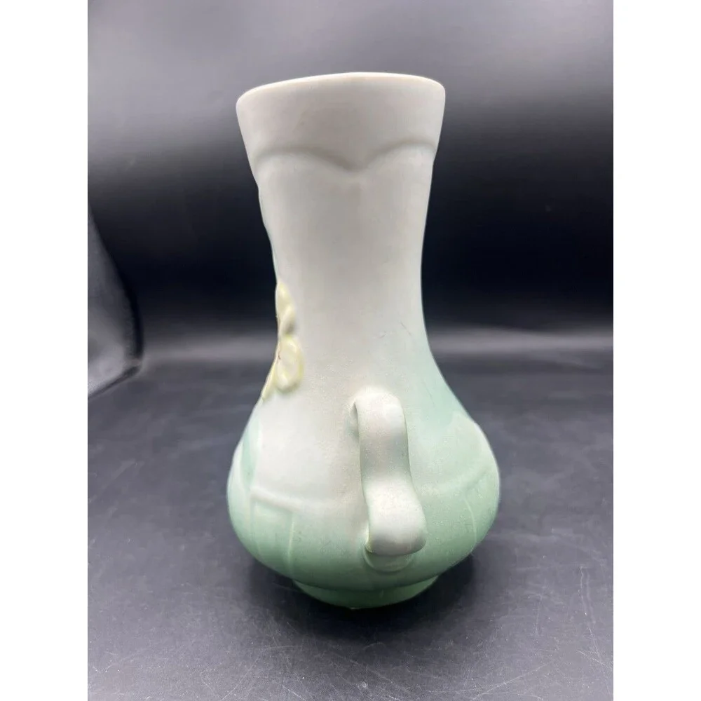 Vintage Weller Panella Double Handle Pansy Art Pottery Vase Green 6.5” USA